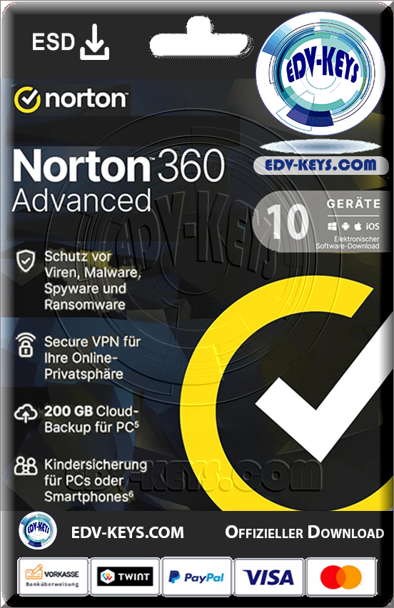 Norton 360 Advanced ESD, 10 Geräte, 1 Jahr, inkl. 200GB Cloud Speicher