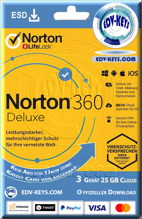 Norton 360 Deluxe ESD, 3 Geräte, 1 Jahr, inkl. 25 GB Cloud Speicher