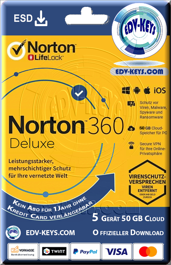 Norton 360 Deluxe ESD, 5 Geräte, 1 Jahr, inkl. 50 GB Cloud Speicher