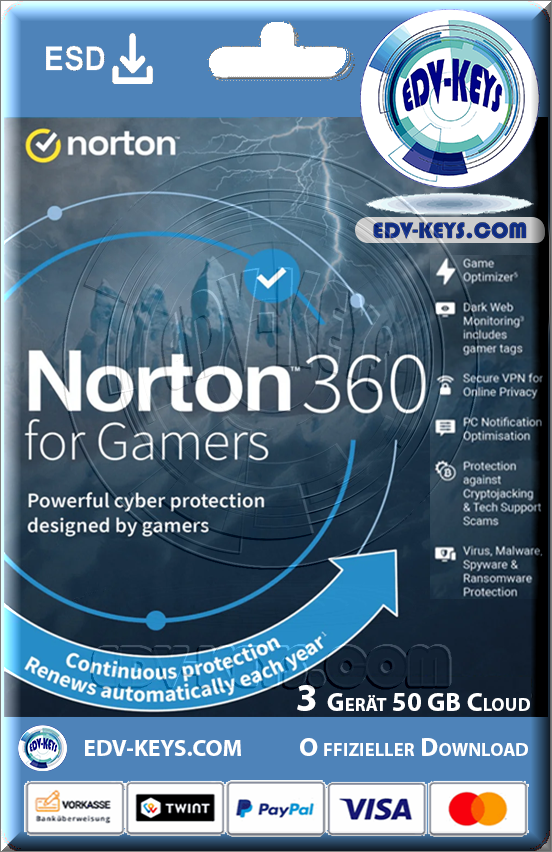 Norton 360 for Gamers ESD, 3 Geräte, 1 Jahr, inkl. 50GB Cloud Speicher