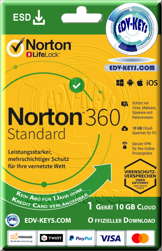 Norton 360 Standard ESD, 1 Geräte, 1 Jahr, inkl. 10GB Cloud Speicher