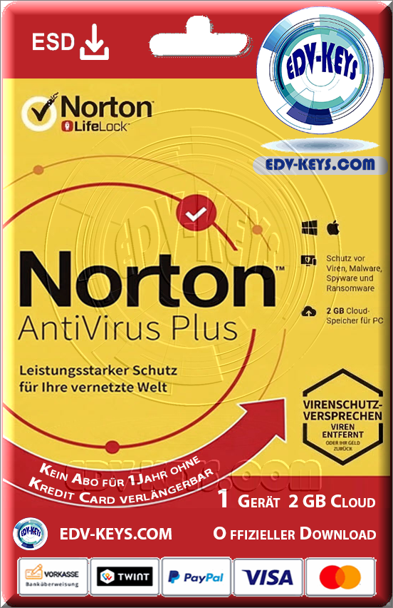Norton AntiVirus Plus ESD, 1 Geräte, 1 Jahr, inkl. 2GB
